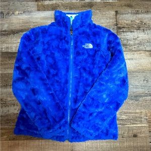 Girls North Face Reversible Mossbud Swirl Jacket— Royal Blue/Neon